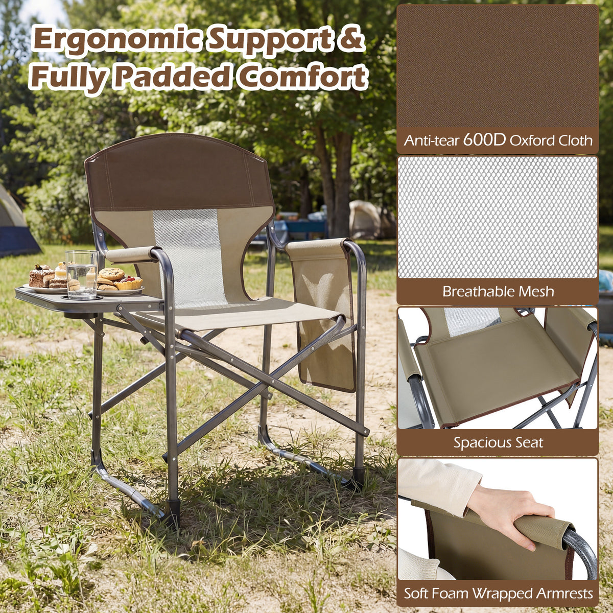 Oversized Padded Folding Camping Chair with Side Table-Brown
