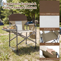 Oversized Padded Folding Camping Chair with Side Table-Brown