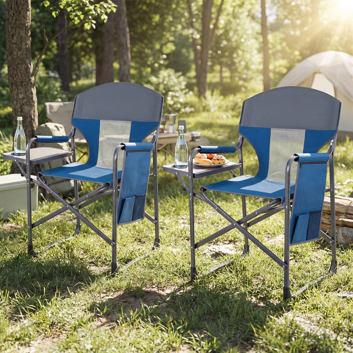 Oversized Padded Folding Camping Chair with Side Table-Navy