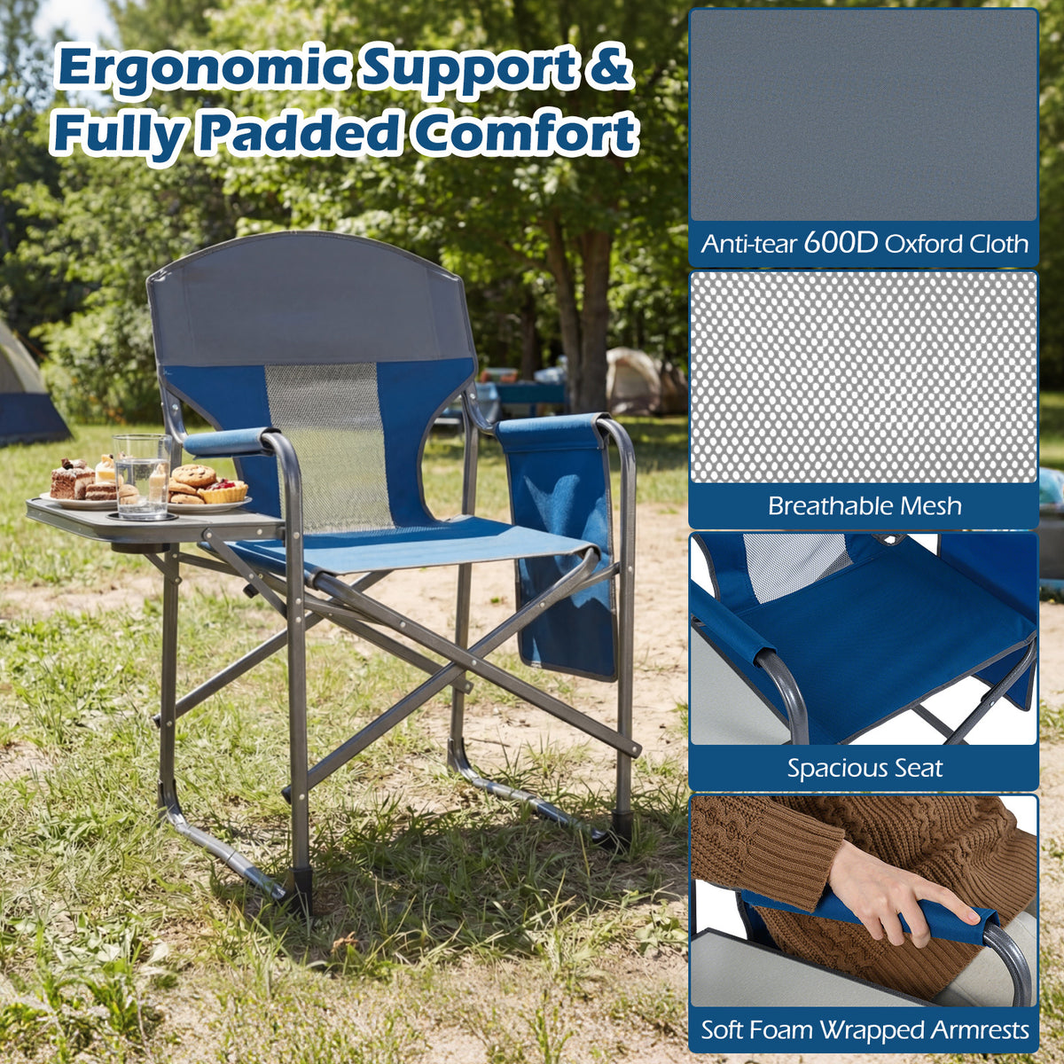 Oversized Padded Folding Camping Chair with Side Table-Navy