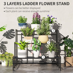 Outsunny Three-Tier Metal Plant Shelf - Black