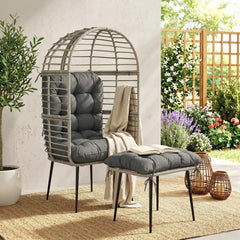 Outsunny Garden Egg Chair with Footstool, Rattan Indoor Outdoor Lounge Chair and Ottoman Set with Thick Cushions, Light Grey