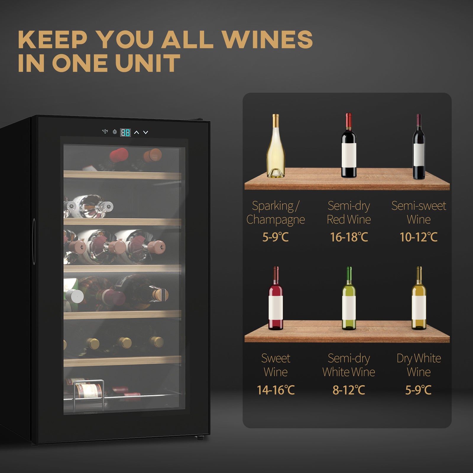 HOMCOM 24 Bottle Wine Fridge, 65 Litre Capacity, 43cm Freestanding Wine Cooler Fridge with Glass Door, LED Light, Digital Touch Screen, Temperature Control, Black