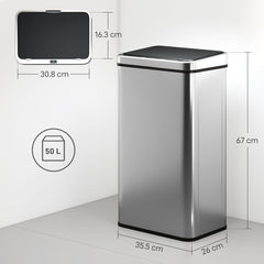 HOMCOM 50L Sensor Bin with Soft-Close Lid, Stainless Steel Automatic Touchless Motion Sensor Kitchen Bin, Silver Tone