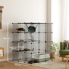 PawHut Steel Wire Cat Cage Indoor with Hammock, Ramps, Doors, DIY Cat Enclosure for 1-3 Cats, Black