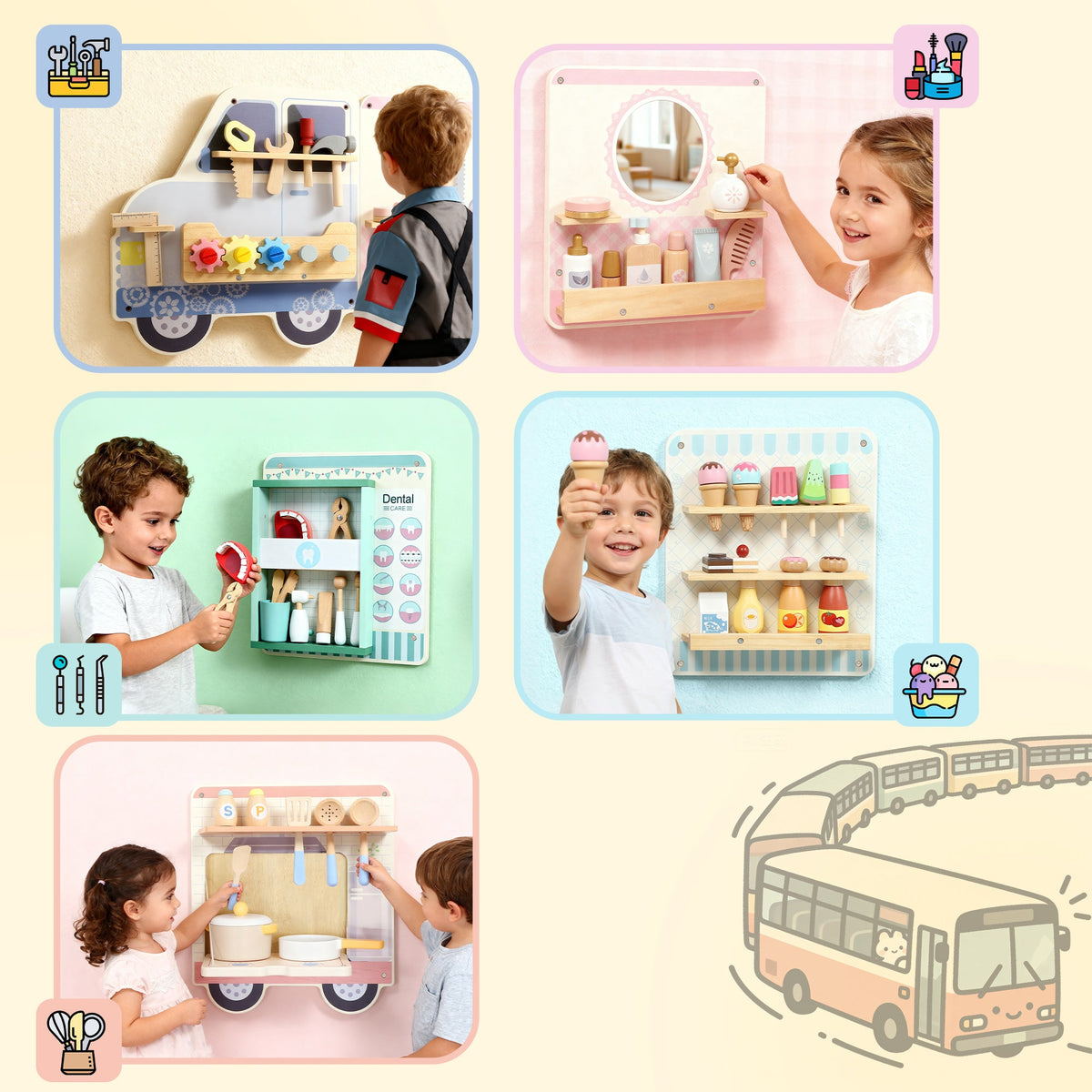 AIYAPLAY Wooden Busy Board, 5 in 1 Activity Wall Panels for Kids 3+ Years, for Daycare, Playroom, Home