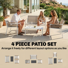 Outsunny 4 Seater Garden Furniture Set with Loveseat, Armchairs, Table, Metal Garden Sofa Set with Breathable Seats, Khaki