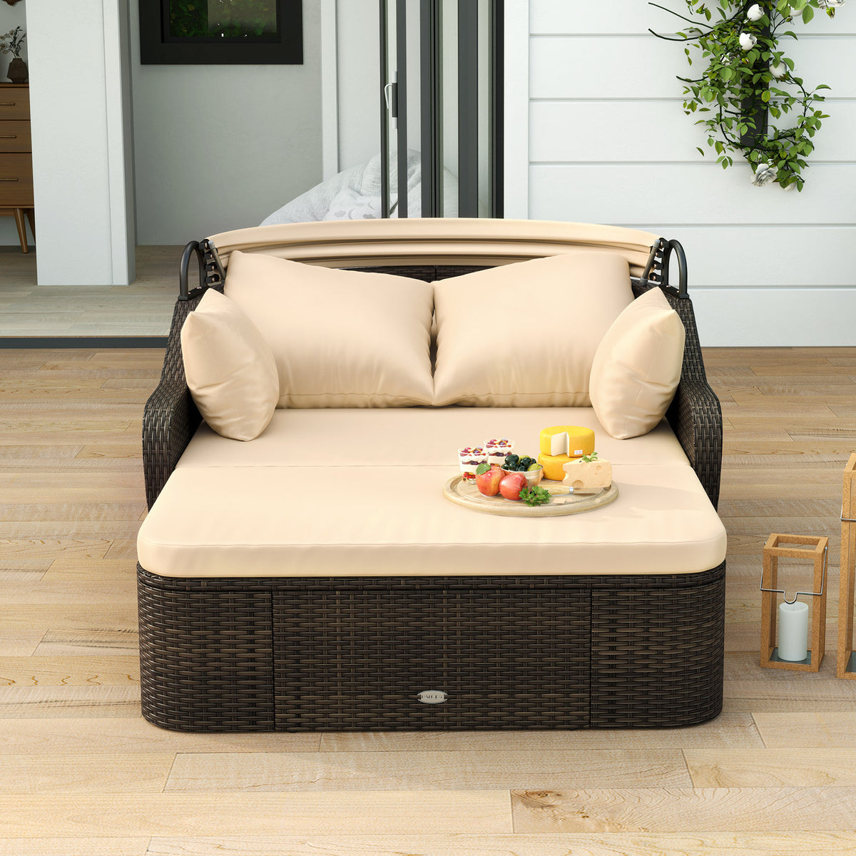 PE Rattan Daybed with Retractable Canopy and Soft Cushions for Backyard-Brown