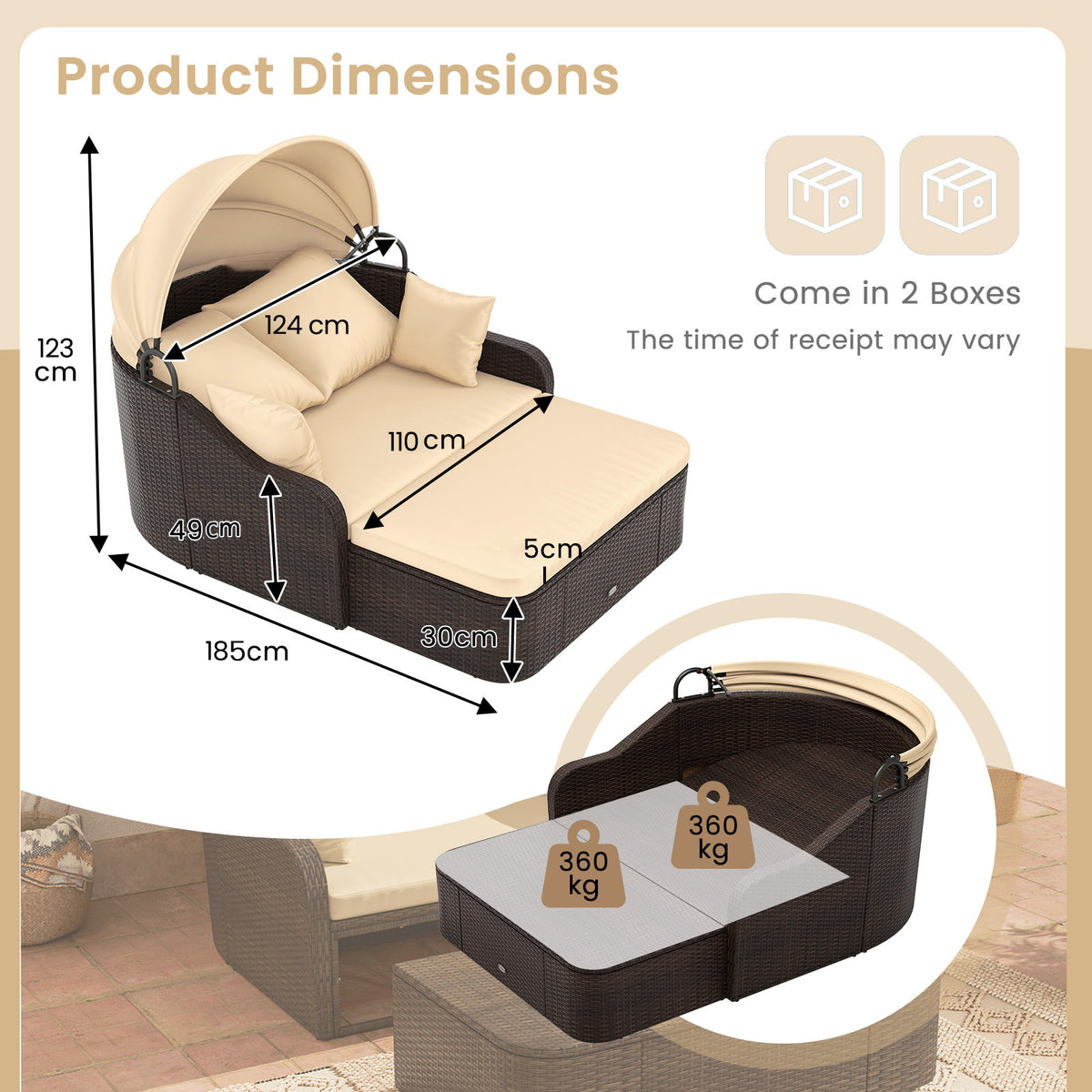 PE Rattan Daybed with Retractable Canopy and Soft Cushions for Backyard-Brown