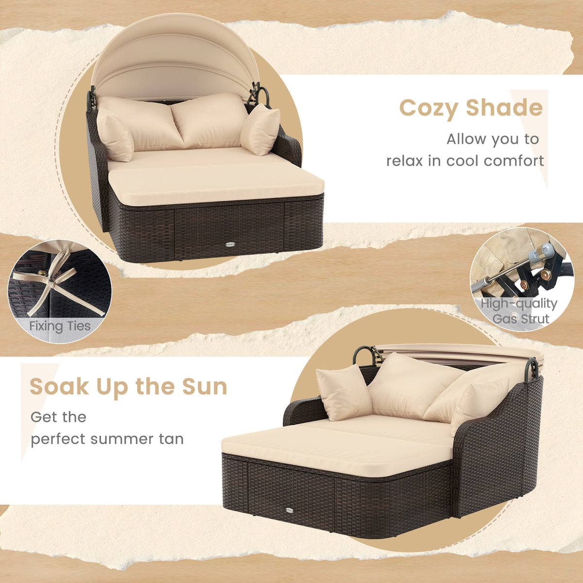 PE Rattan Daybed with Retractable Canopy and Soft Cushions for Backyard-Brown