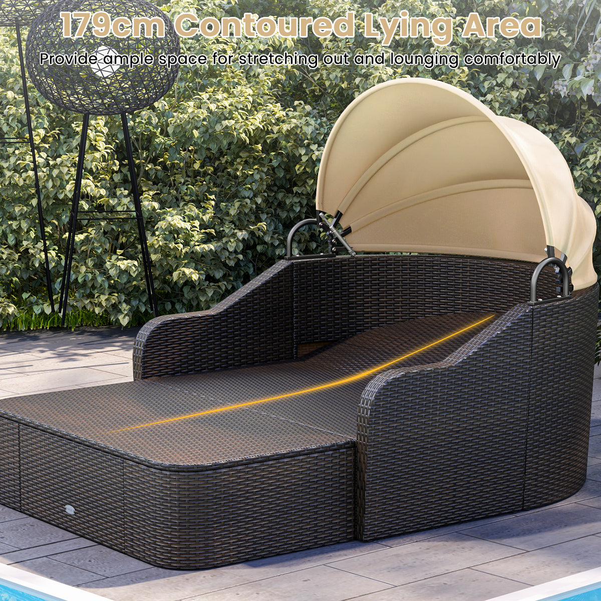 PE Rattan Daybed with Retractable Canopy and Soft Cushions for Backyard-Brown