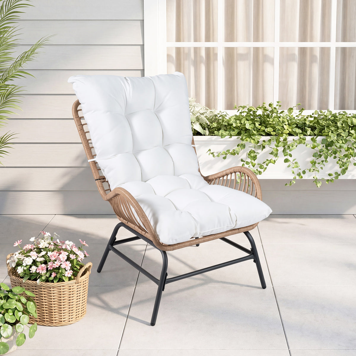 PE Rattan Leisure Chair with Cushion and Solid Metal Frame-White