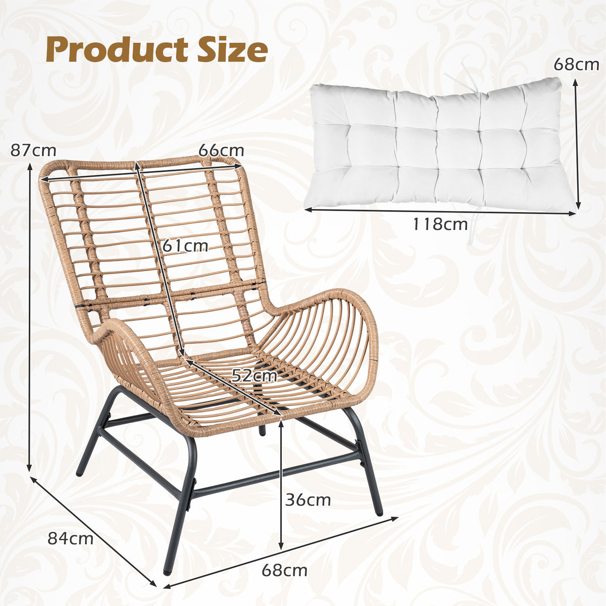 PE Rattan Leisure Chair with Cushion and Solid Metal Frame-White