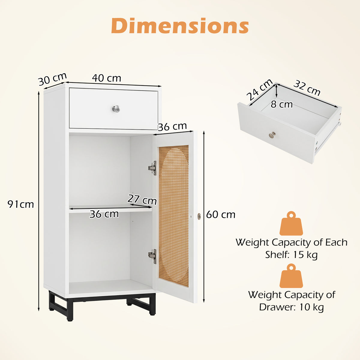 PE Rattan Storage Cabinet with Adjustable Foot Pads and Anti-toppling Kit-White