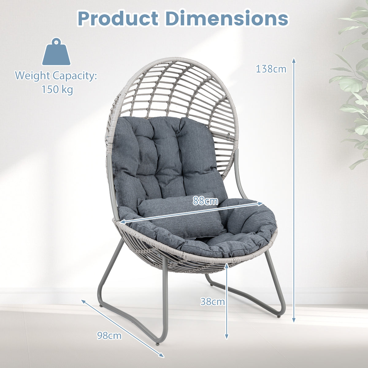 PE Wicker Egg Chair with Removable Seat and Back Cushion for Indoor Outdoor-grey