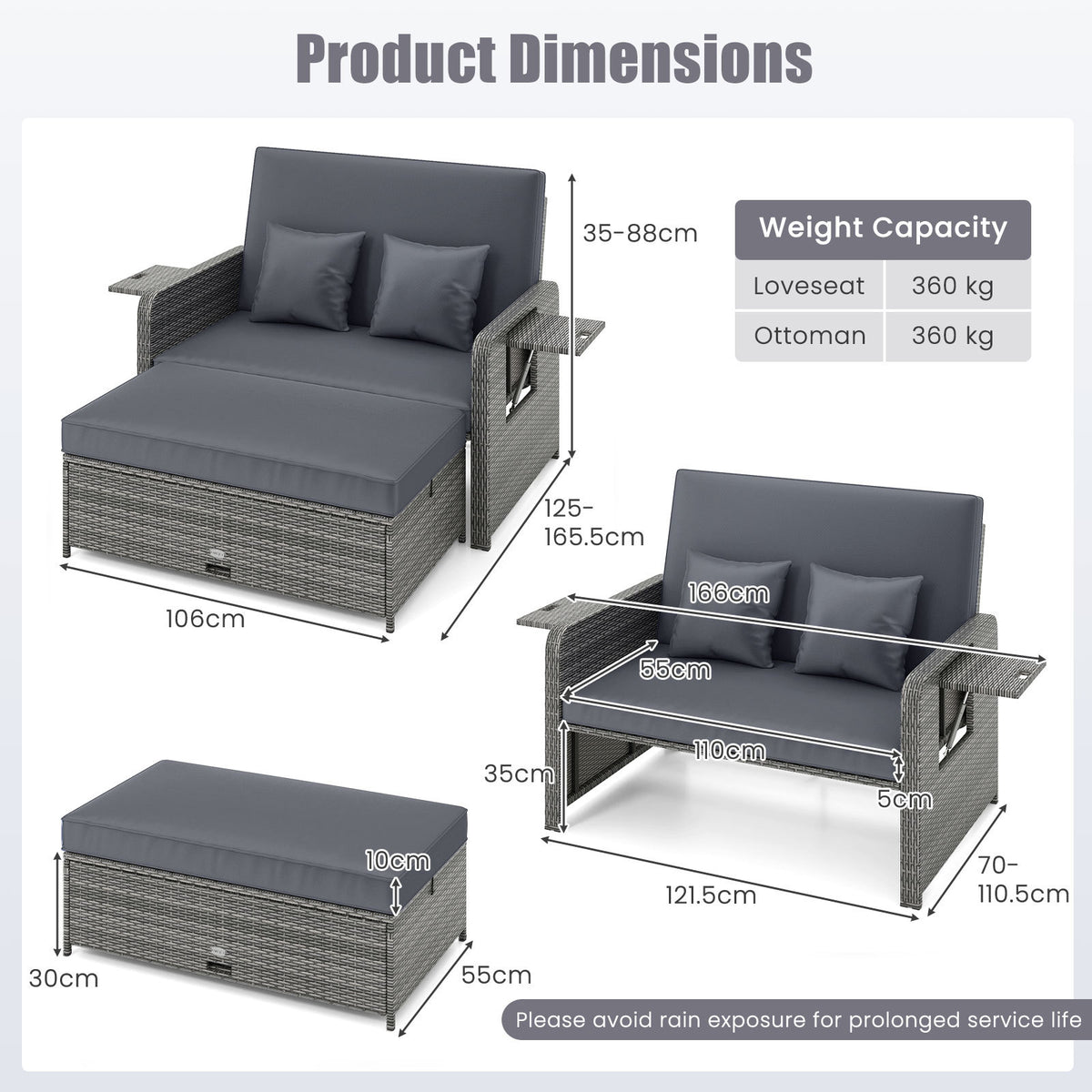 PE Wicker Outdoor Daybed with Loveseat and Ottoman for Poolside-Grey