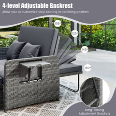 PE Wicker Outdoor Daybed with Loveseat and Ottoman for Poolside-Grey