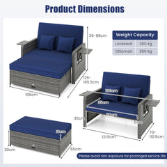 PE Wicker Outdoor Daybed with Loveseat and Ottoman for Poolside-Navy