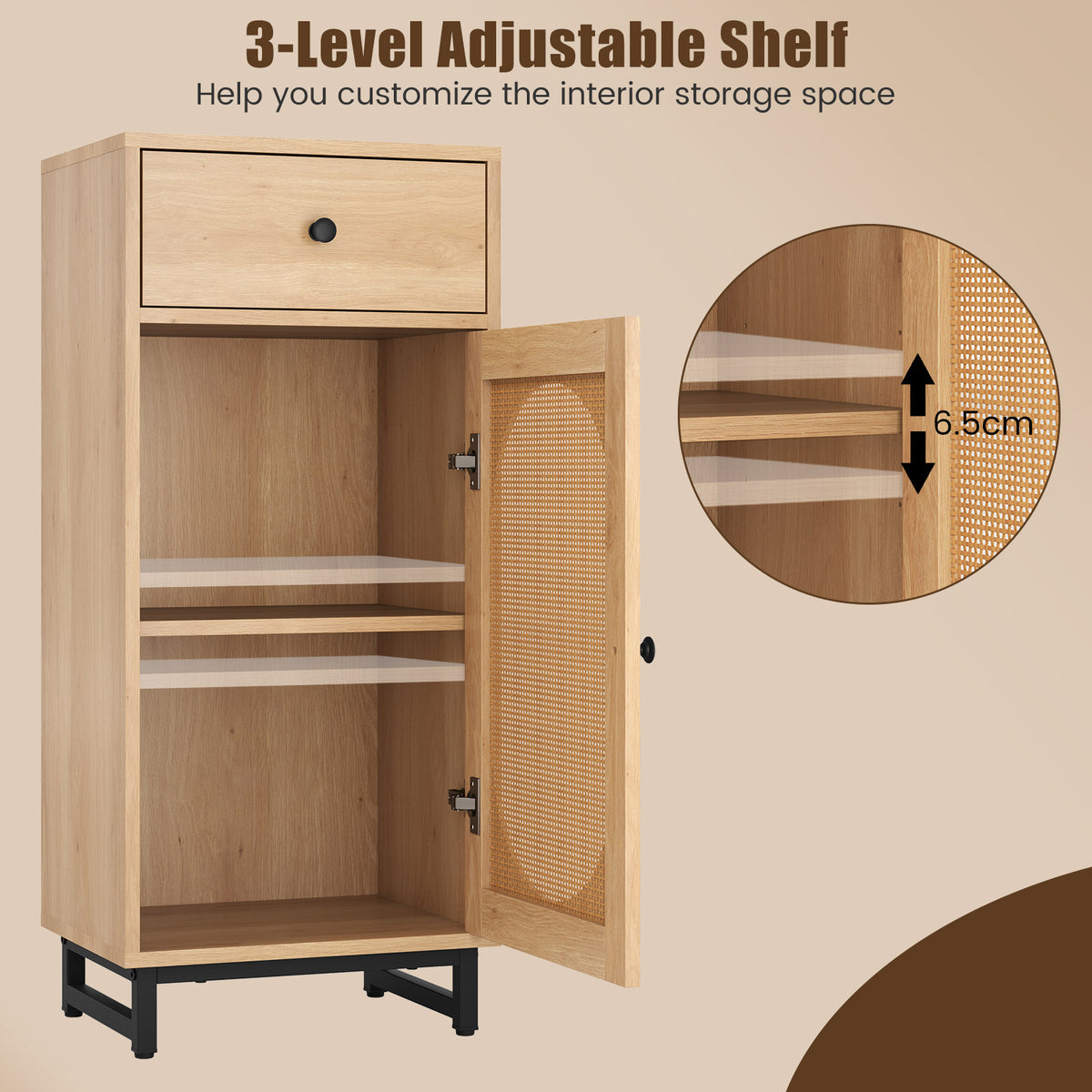 PE Rattan Storage Cabinet with Adjustable Foot Pads and Anti-toppling Kit-Natural