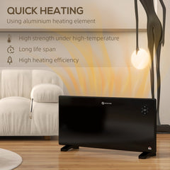 Black electric convector heater with text about quick heating and heating element