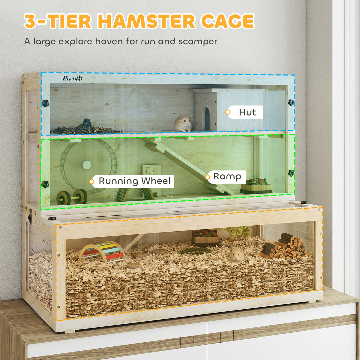 PawHut Wooden Hamster Cage with Hut, Wheel, Ramps, Removable Viewing Panels, 100 x 50 x 84 cm, Natural Wood