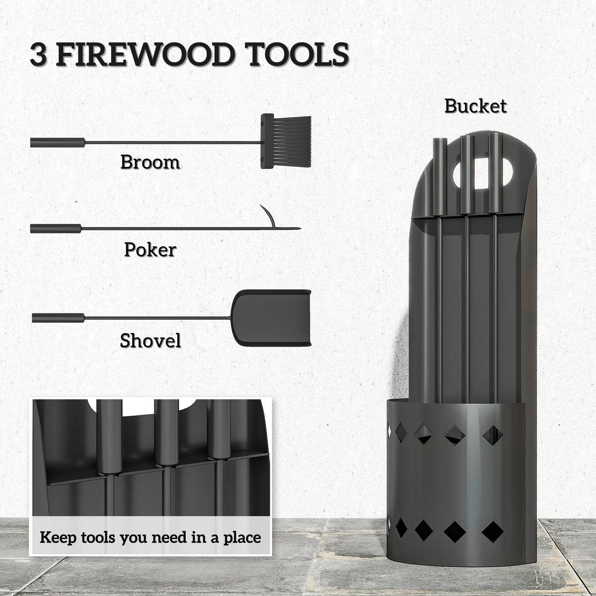 Outsunny 4 Pieces Fireplace Companion Set, Metal Fireplace Accessories Fireside Companion Set with Broom, Shovel, Poker, Bucket, Black