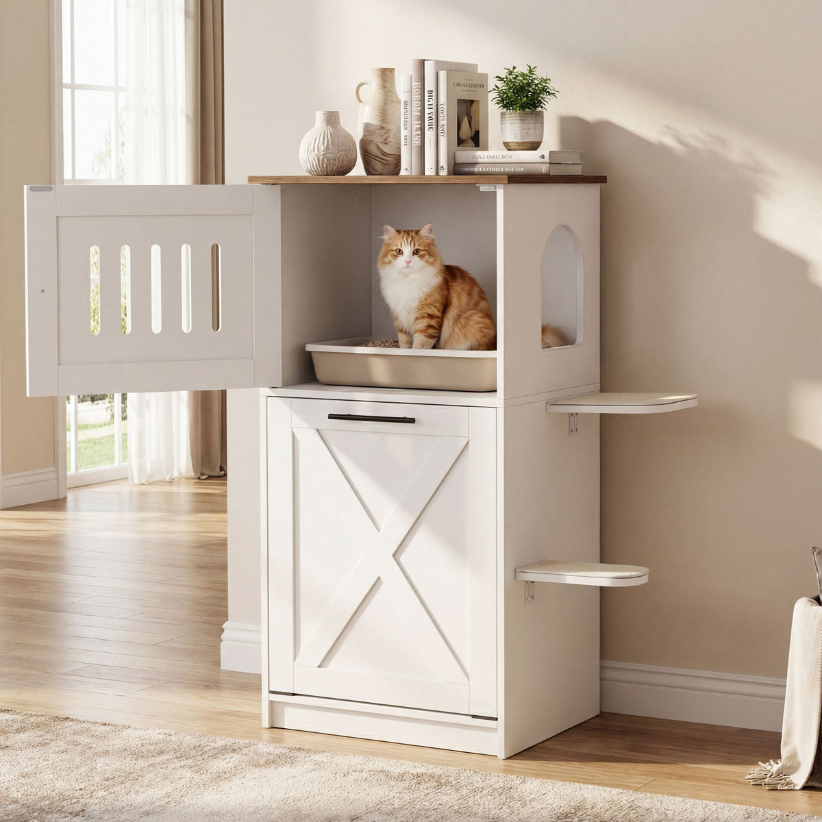 115 cm Modern Hidden Cat House Cabinet with 2 Scratching Pads and Flip-Down Storage Cabinet-White