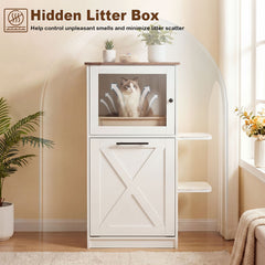 115 cm Modern Hidden Cat House Cabinet with 2 Scratching Pads and Flip-Down Storage Cabinet-White
