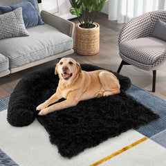 Fluffy Dog Mat Couch Cover Protector with Detachable Washable Cover and Anti-slip Bottom-Black-L