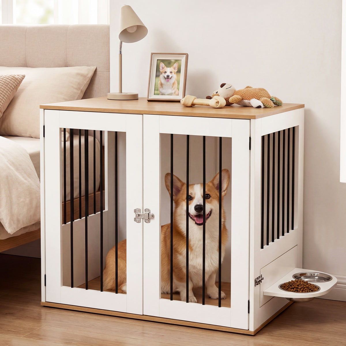 80 cm Indoor Wooden Dog Kennel with Double Lock Doors and 360° Rotating Feeder-White