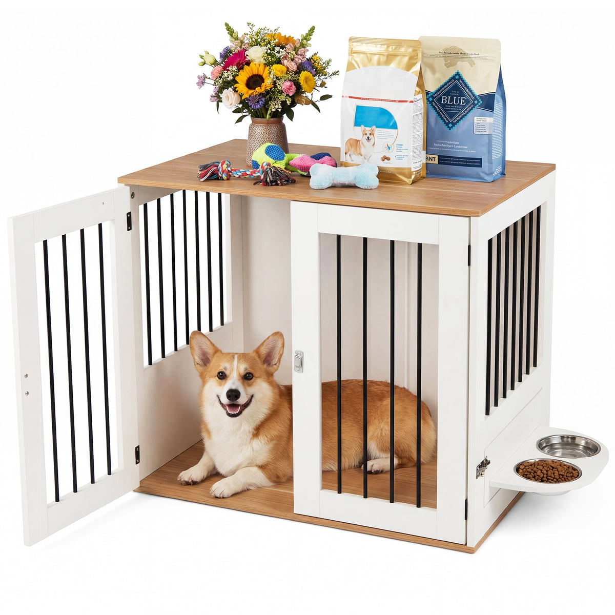 80 cm Indoor Wooden Dog Kennel with Double Lock Doors and 360° Rotating Feeder-White