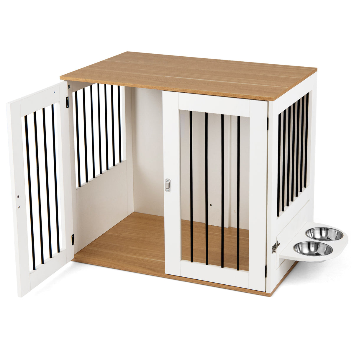 80 cm Indoor Wooden Dog Kennel with Double Lock Doors and 360° Rotating Feeder-White