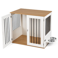 80 cm Indoor Wooden Dog Kennel with Double Lock Doors and 360° Rotating Feeder-White