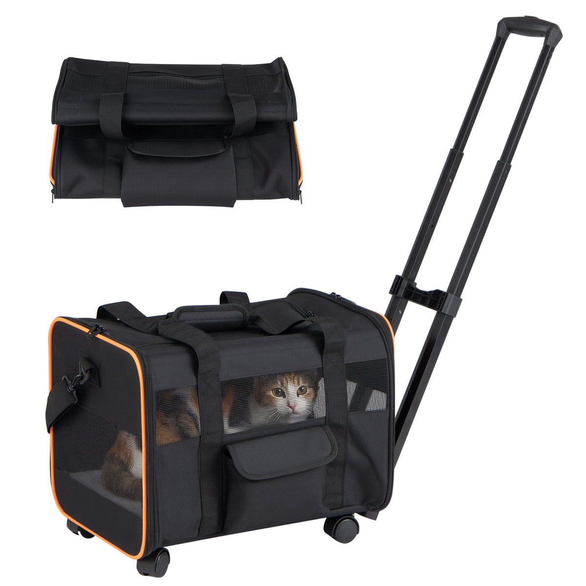 Rolling Pet Carrier with Telescopic Handle and Washable Pad for Dogs and Cats