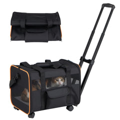 Rolling Pet Carrier with Telescopic Handle and Washable Pad for Dogs and Cats