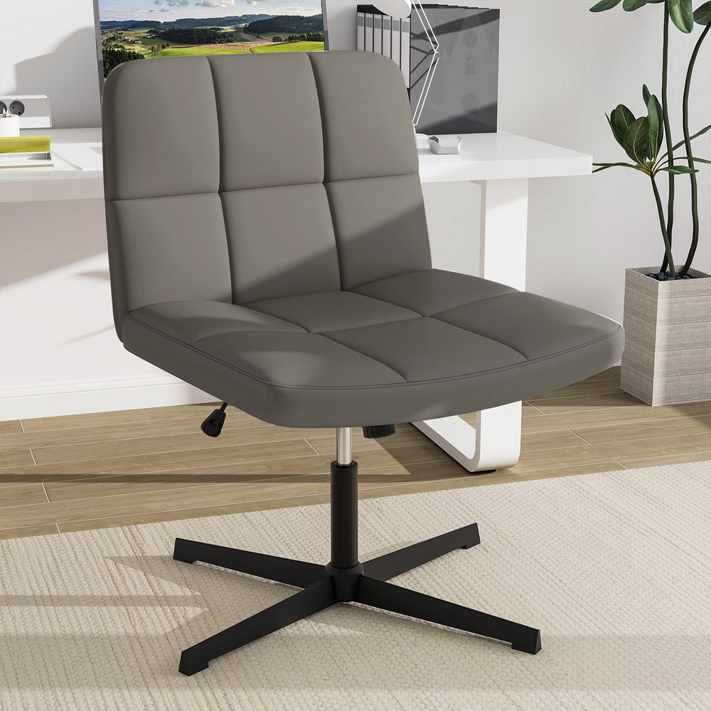 Grey upholstered office chair in a home office setting next to a desk