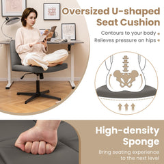 Woman sitting on a grey upholstered office chair, with text about the seat cushion