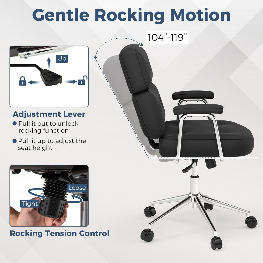 Close-up of the office chair's rocking mechanism and height adjustment lever, demonstrating its features