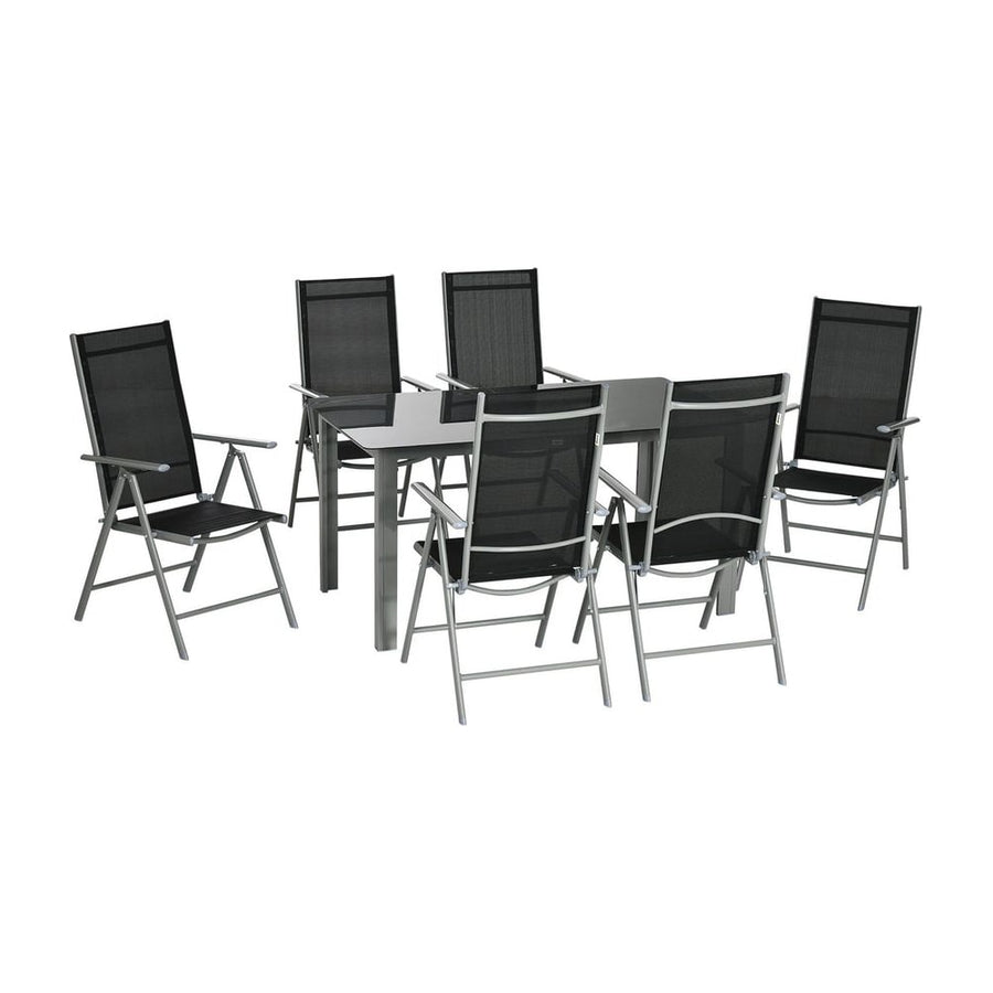 Outsunny 7 Piece Garden Dining Set, Outdoor Table and 6 Folding and Reclining Chairs, Aluminium Frame, Tempered Glass Top
