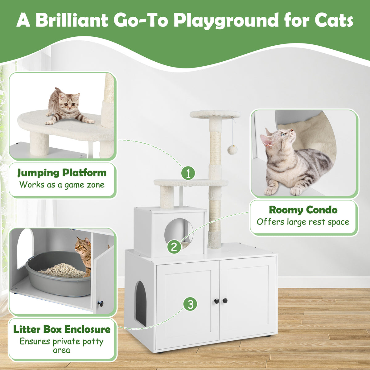 Cat Litter Box Enclosure with Cat Tree and Kitty Condo-White