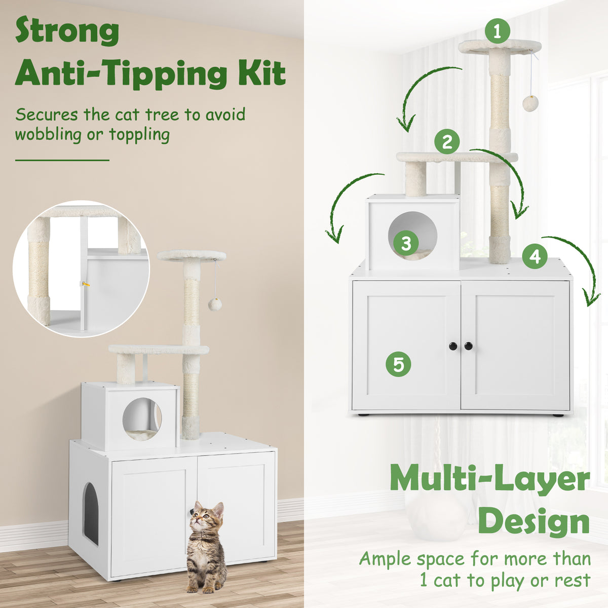 Cat Litter Box Enclosure with Cat Tree and Kitty Condo-White