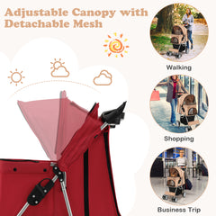 4-Wheel Folding Pet Stroller with Storage Basket and Adjustable Canopy-Red