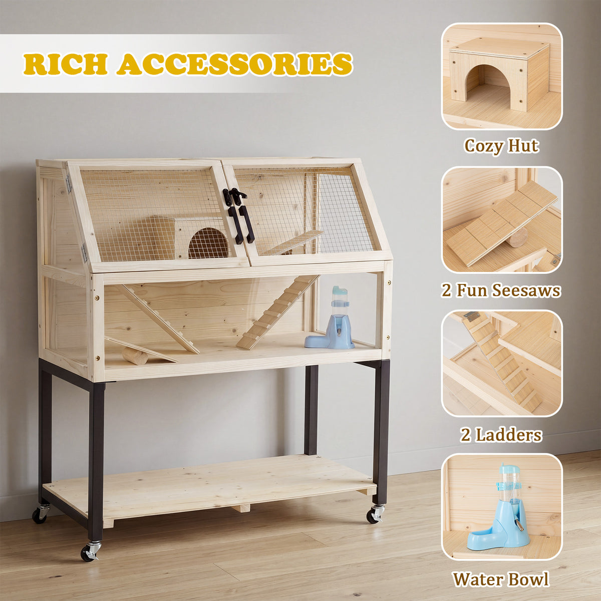 2-Tier Small Animal Habitat with Acrylic Windows Lockable Casters and Storage Shelf-Natrual