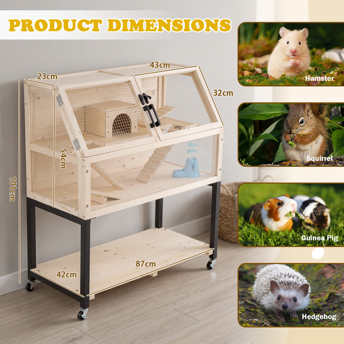2-Tier Small Animal Habitat with Acrylic Windows Lockable Casters and Storage Shelf-Natrual