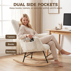 HOMCOM Rocking Chair, Teddy Fleece Rocker Chair with Tufted Wingback, Side Pockets, Rubber Wood Legs, Cream White