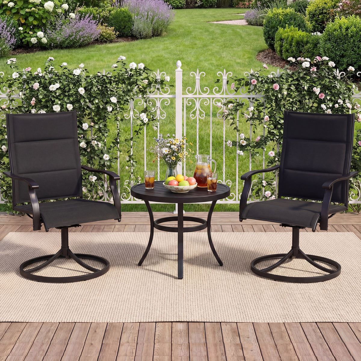 Padded Patio Swivel Chairs Set of 2 Ergonomic Outdoor Dining Chairs with Breathable Fabric High Back-Black