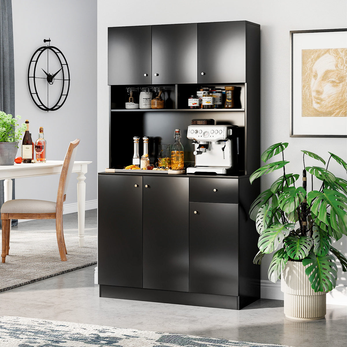 180cm Tall Pantry Cabinet with Outlets and Anti-Tipping Kits-Black