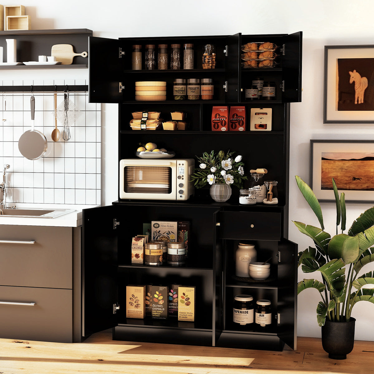 180cm Tall Pantry Cabinet with Outlets and Anti-Tipping Kits-Black