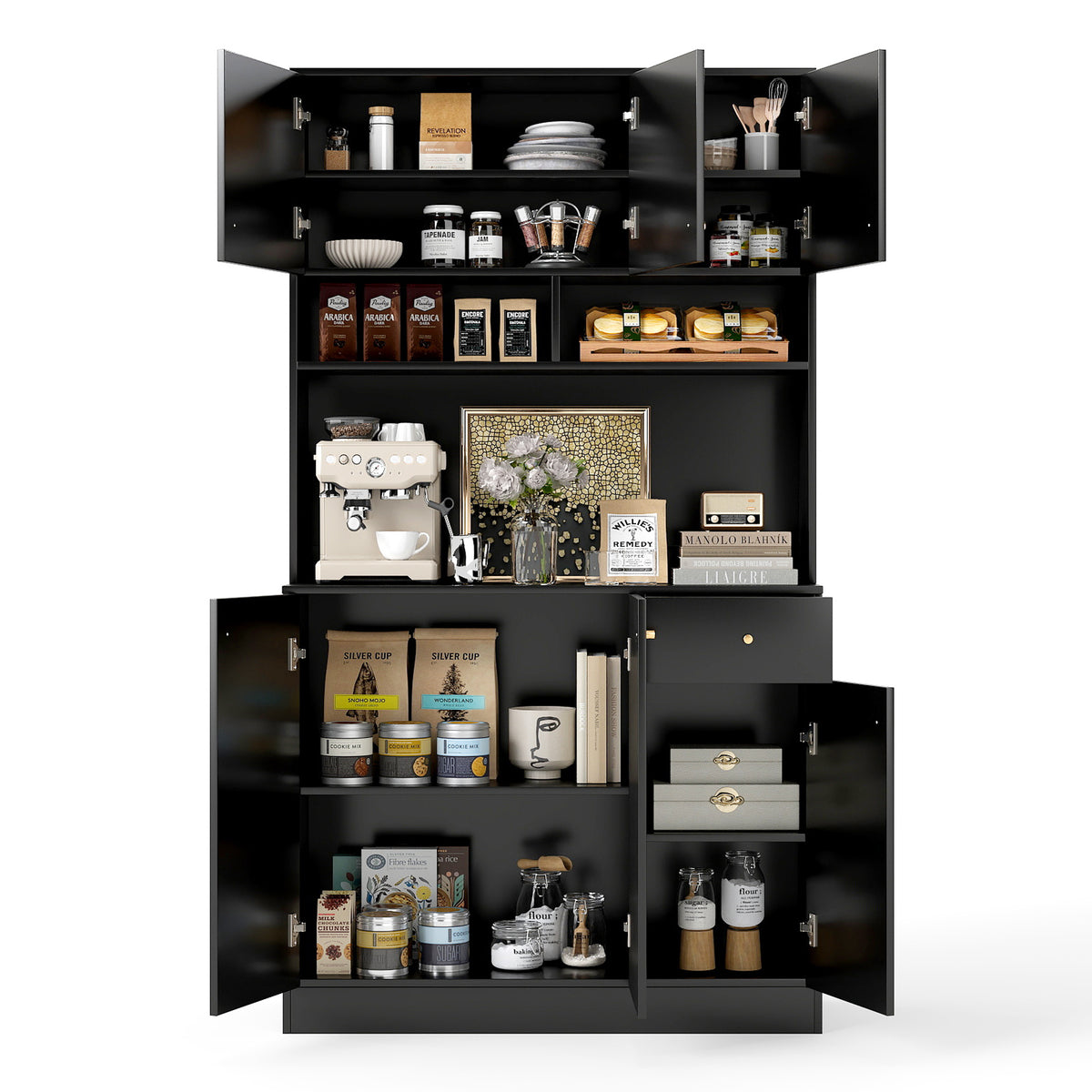 180cm Tall Pantry Cabinet with Outlets and Anti-Tipping Kits-Black