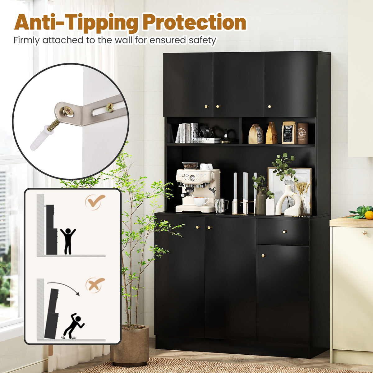 180cm Tall Pantry Cabinet with Outlets and Anti-Tipping Kits-Black